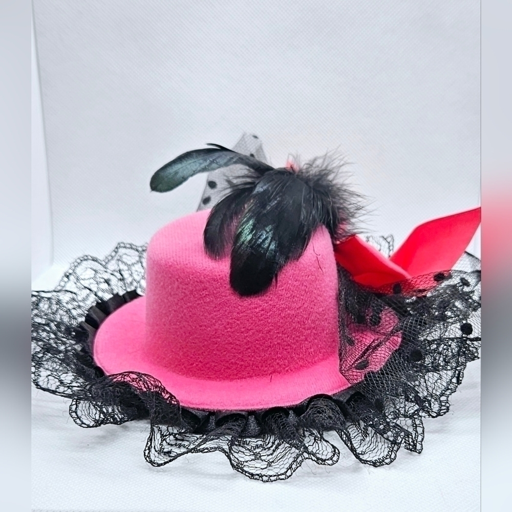Pink Mini Top Hat Fascinator Feather Lace Hair Clip Cocktail Derby Hat